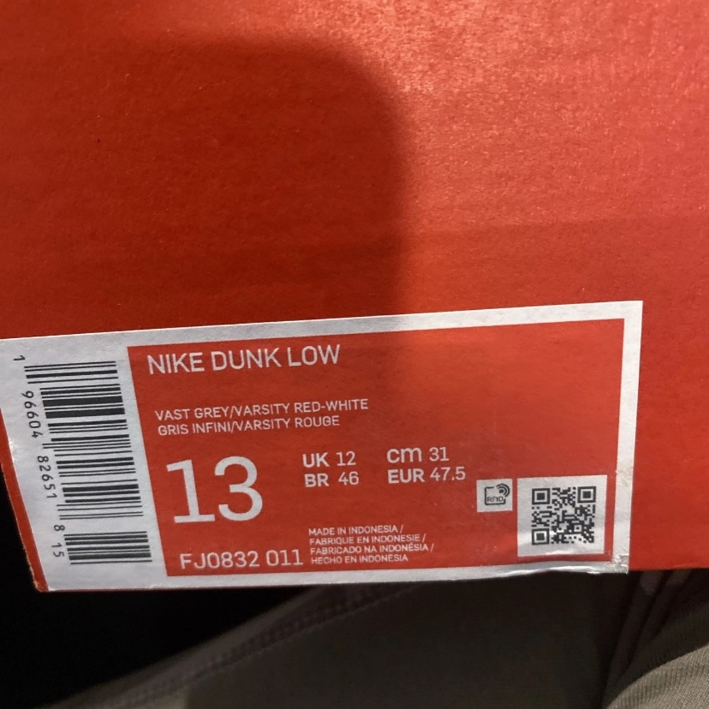 Size 13 - Nike Dunk Low Vast Grey Varsity Red - Picture 2 of 15